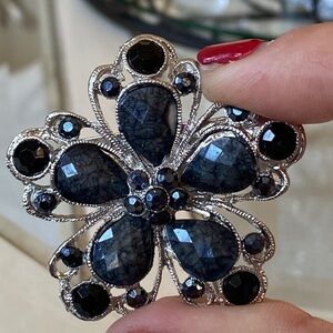 Vintage Silver Toned with Black Rhinestones Brooch Pin.  Very decorative!